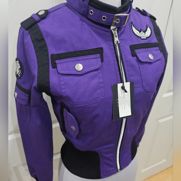 ~SOLD~ 1 RMT Raw Blue Pink Purple Moto Patch Buckle Collar Zip Up Jacket Coat S - Picture 15 of 16